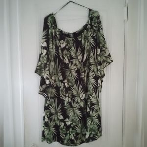 🆕 Bobeau Midi Dress, Black with Green Leaves, XL